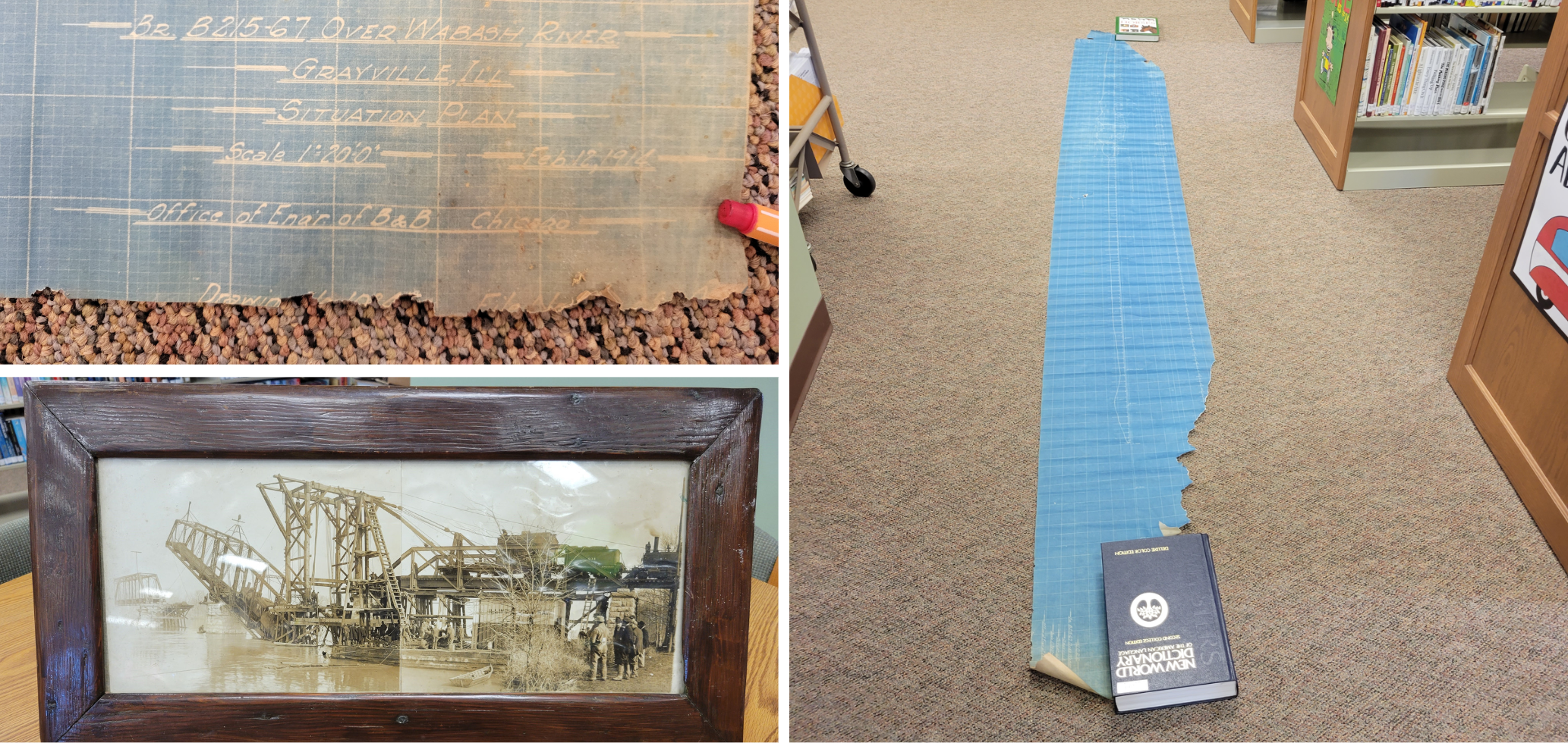 Collage: A blueprint of the railroad bridge; A blueprint of the railroad bridge unrolled; A photograph taken the day of the accident, depicting onlookers surveying the scene nearby.