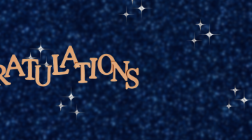 The word "Congratulations!", in gold, lies over a background of navy blue glitter.